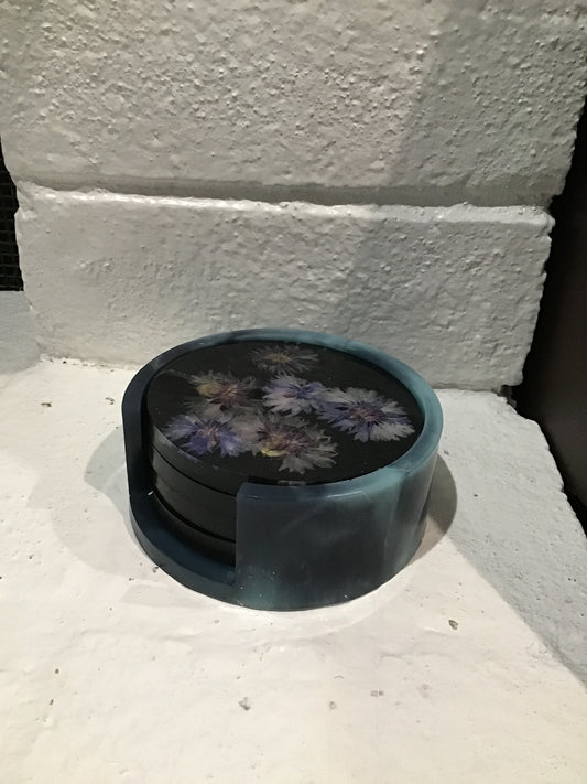 Four Homemade Coasters with Coaster Caddy